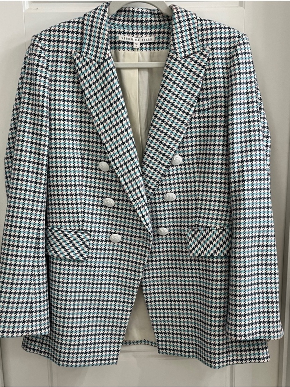 Veronica Beard Teal, Aqua & White Houndstooth Double-Breasted Jacket | Size 12